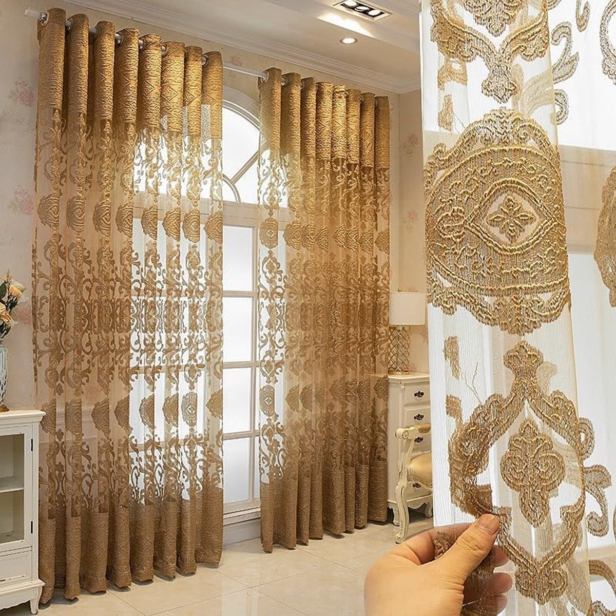 Gouden bloem borduurwerk pure gordijnen villa luxe tule top voile gordijn voor woonkamer gordijnpaneel tule woondecoratie 132 cm breed bij 259 cm lang 1 set van 2 panelen