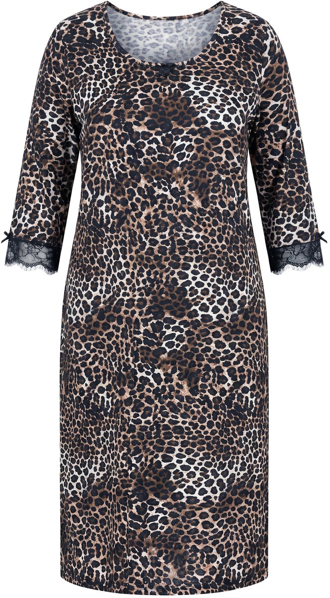TruYou Dames - Nachthemd luipaardmotief gobletkraag kant 3/4-mouwen - Zwart - Maat 46+