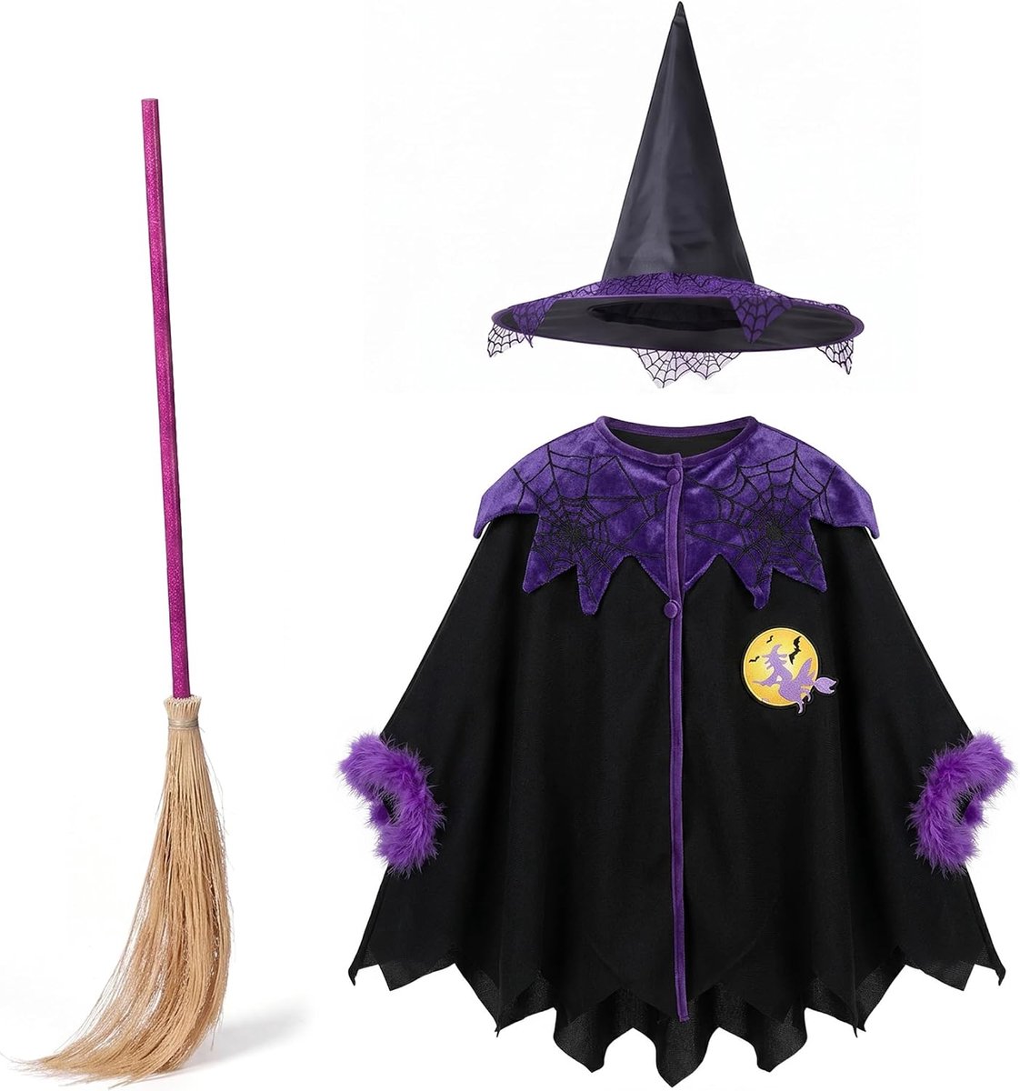 Kostuums voor kinderen, schattige tovenaar heksenmantel met hoed en bezem zachte stof cape gemakkelijk instapontwerp Halloween cosplay & aankleden