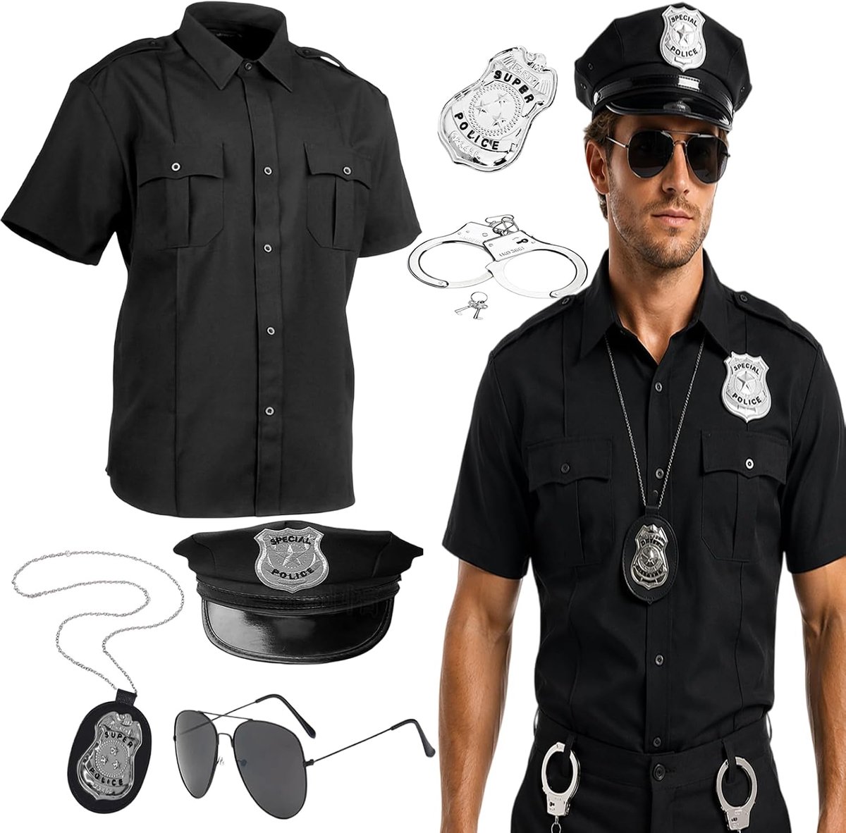 Politiekostuum voor heren, kostuum, overhemd, politieagent, uniform voor Halloween en themafeesten, cosplay