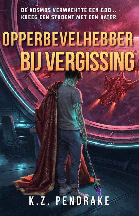 Couverture de livre : un jeune homme tatoué avec une cape rouge regarde un vaisseau spatial depuis un cockpit.