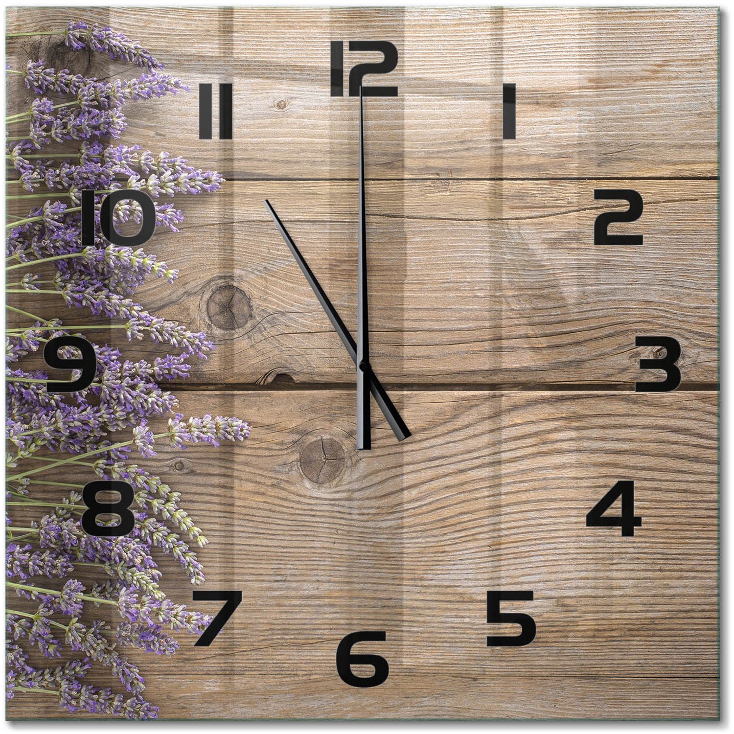 TULUP Wandklok - Lavendel op hout Moderne Wandklok Glas - 60x60 cm - Bruin Wandklok Glas Decoratie - Zwarte handen - Vierkante Klok - Glazen Wandklok Design - Klok Glas Met Opdruk