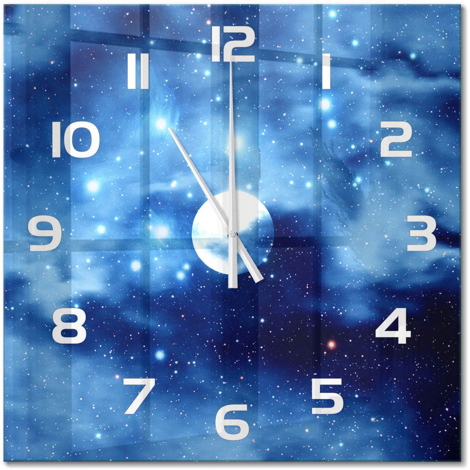 TULUP Wandklok - Volle maan Decoratieve Glazen Klok - 60x60 cm - Blauw Glazen Wandklok Design - Witte handen - Vierkante Klok - Glazen Klok Met Print - Wandklok Glas Met Motief