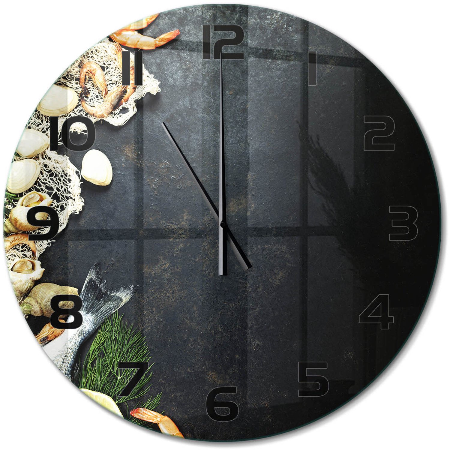 TULUP Wandklok - Zeevruchten Wandklok Glas Met Motief - fi60 cm - Zwart Decoratieve Glazen Klok - Zwarte handen - Ronde Klok - Gekleurde Glazen Klok - Glazen Klok Met Print