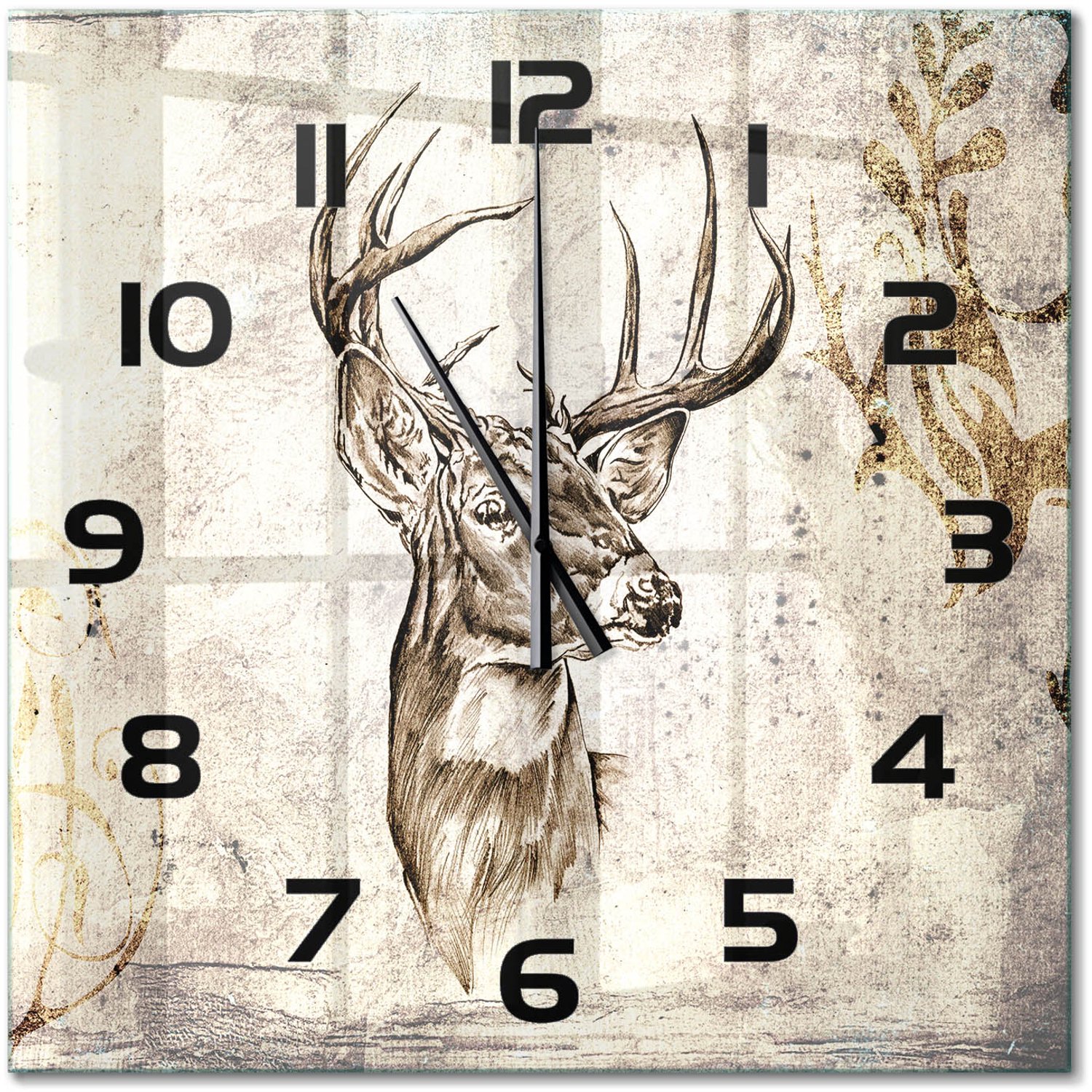TULUP Wandklok - Hert Glazen Wandklok Design - 60x60 cm - Beige Klok Glas Met Opdruk - Zwarte handen - Vierkante Klok - Wandklok Glas Met Motief - Decoratieve Glazen Klok