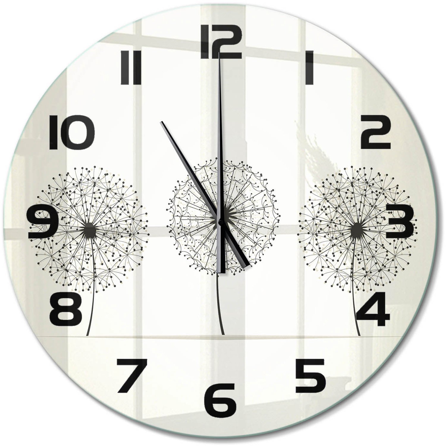 TULUP Wandklok - Paardenbloemtand Decoratieve Glazen Klok - fi60 cm - Beige Glazen Wandklok Design - Zwarte handen - Ronde Klok - Glazen Klok Met Print - Wandklok Glas Met Motief