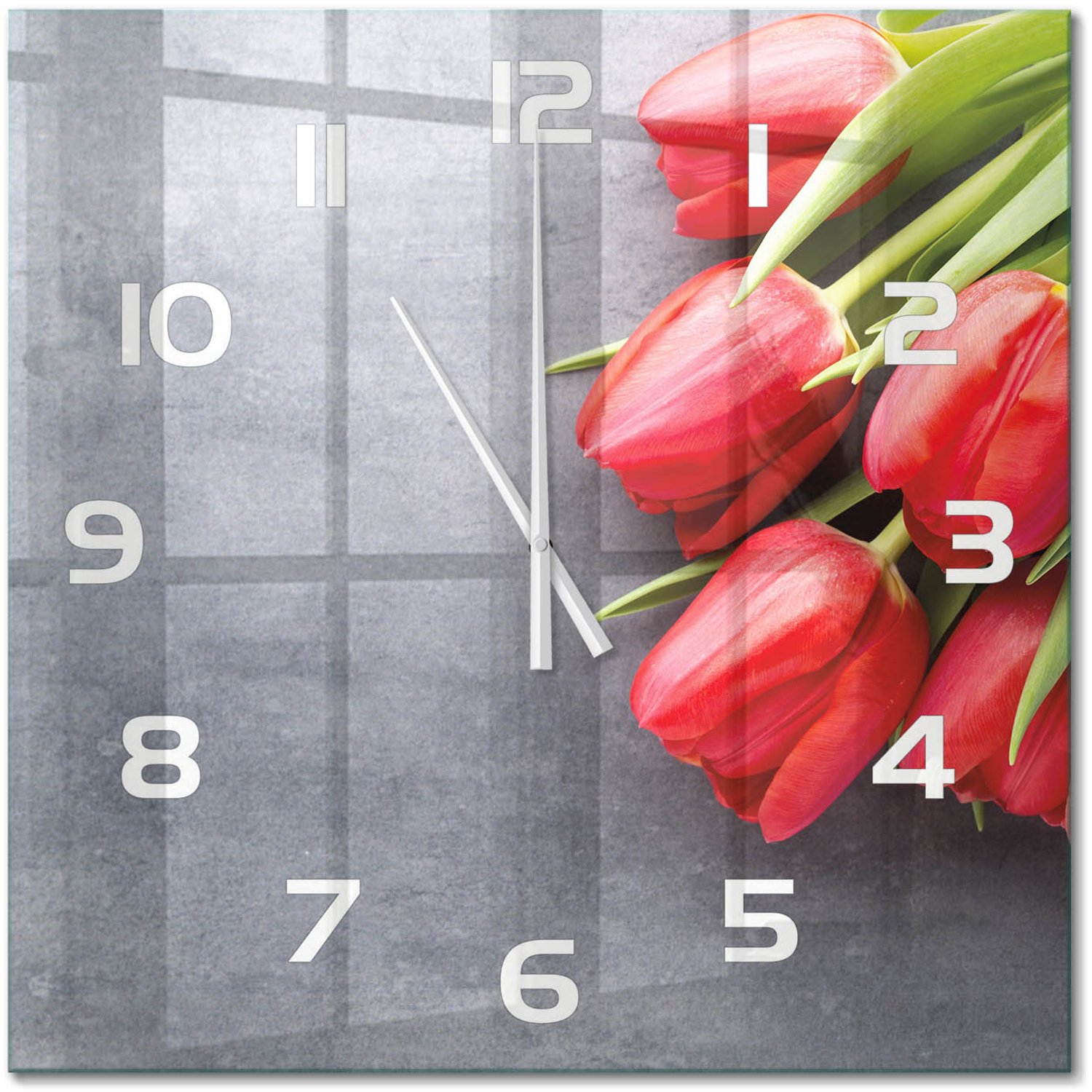 TULUP Wandklok - Rode tulpen Decoratieve Glazen Klok - 60x60 cm - Rood Glazen Wandklok Design - Witte handen - Vierkante Klok - Glazen Klok Met Print - Wandklok Glas Met Motief