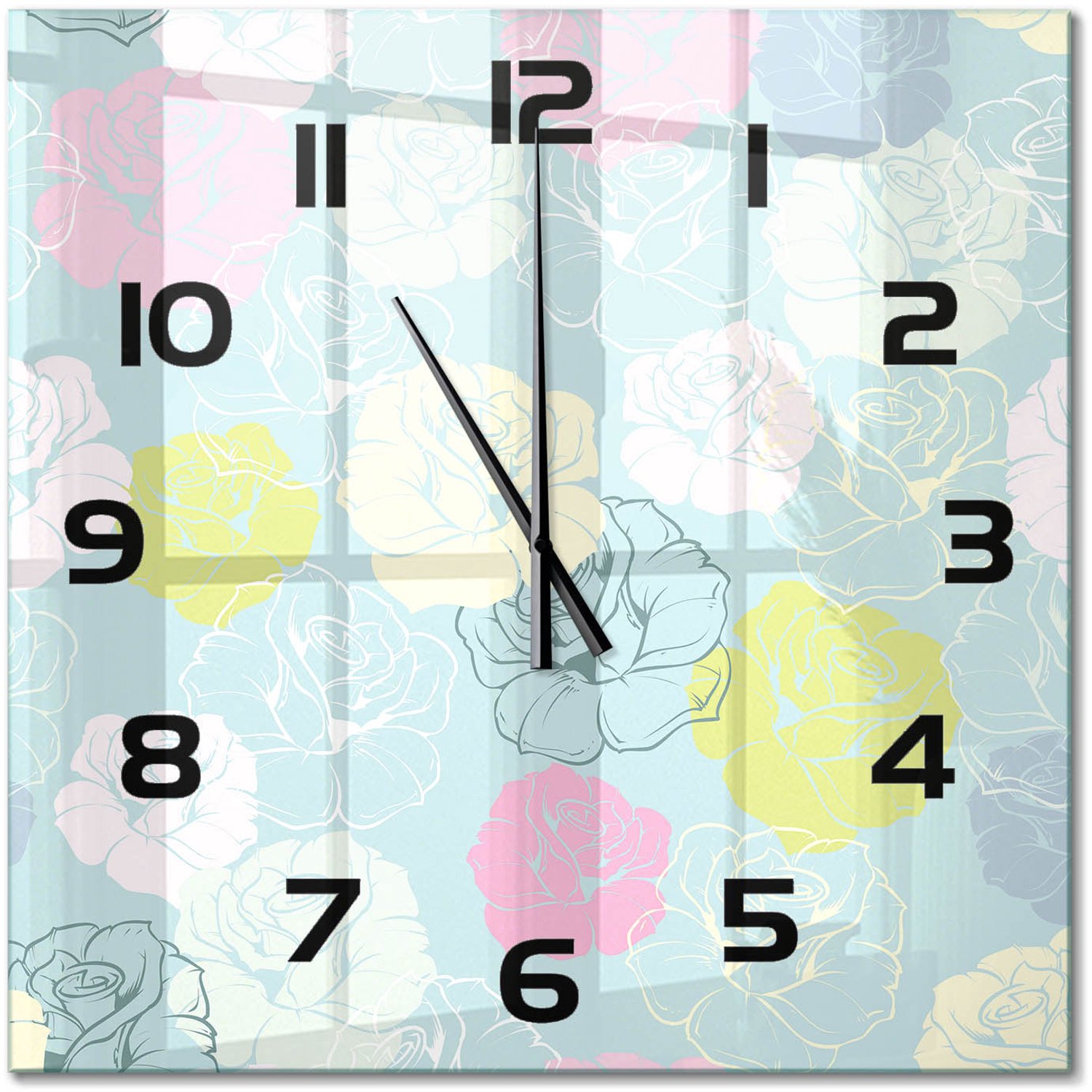 TULUP Wandklok - Rozen Wandklok Glas Met Motief - 60x60 cm - Veelkleurig Decoratieve Glazen Klok - Zwarte handen - Vierkante Klok - Gekleurde Glazen Klok - Glazen Klok Met Print
