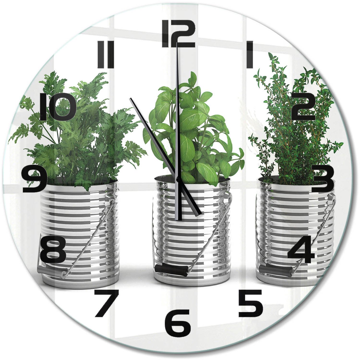 TULUP Wandklok - Aromatische planten Decoratieve Glazen Klok - fi60 cm - Groente Glazen Wandklok Design - Zwarte handen - Ronde Klok - Glazen Klok Met Print - Wandklok Glas Met Motief