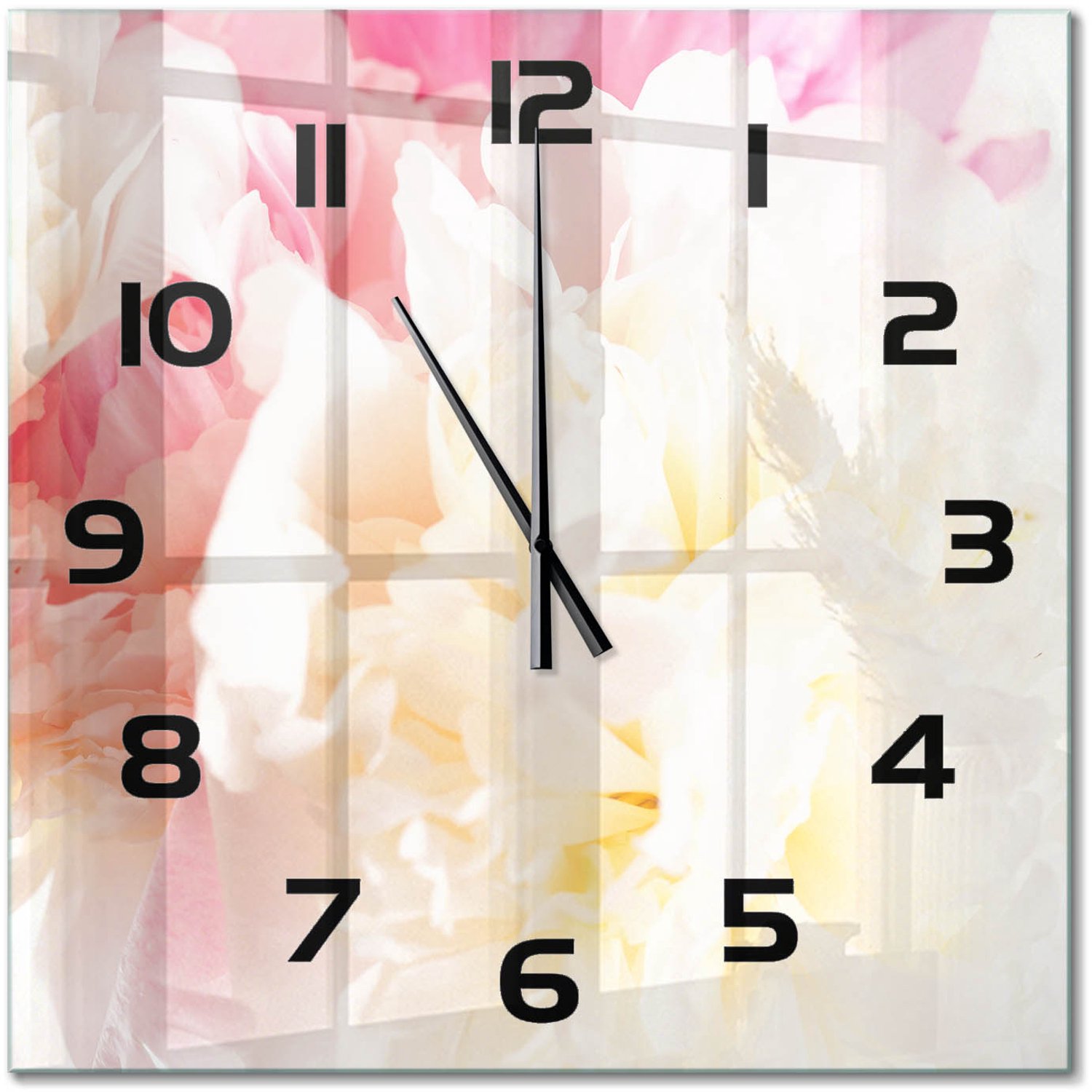 TULUP Wandklok - Pioen Glazen Wandklok Design - 60x60 cm - Roze Klok Glas Met Opdruk - Zwarte handen - Vierkante Klok - Wandklok Glas Met Motief - Decoratieve Glazen Klok
