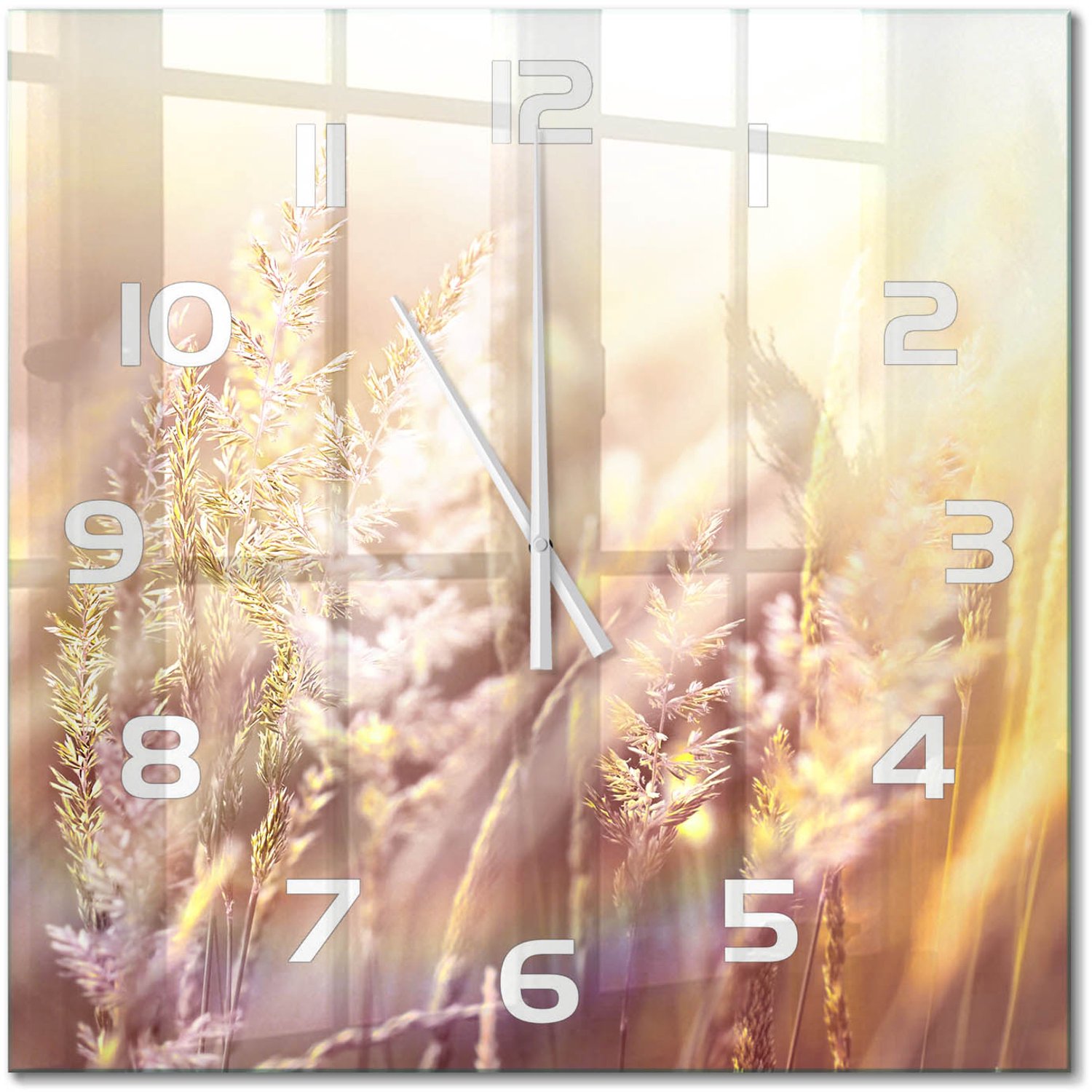 TULUP Wandklok - Hoog gras Wandklok Glas Decoratie - 60x60 cm - Beige Gekleurde Glazen Klok - Witte handen - Vierkante Klok - Klok Glas Met Opdruk - Moderne Wandklok Glas