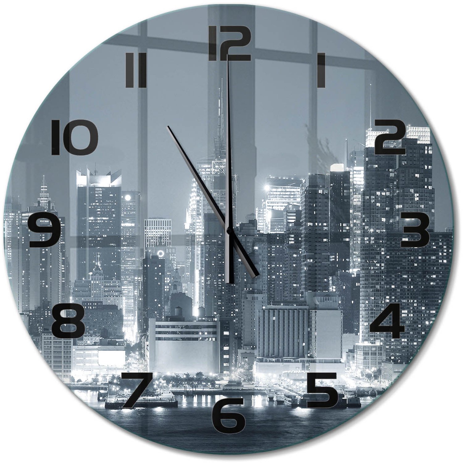 TULUP Wandklok - Manhattan, New York Klok Glas Met Opdruk - fi60 cm - Zwart-wit Moderne Wandklok Glas - Zwarte handen - Ronde Klok - Decoratieve Glazen Klok - Glazen Wandklok Design