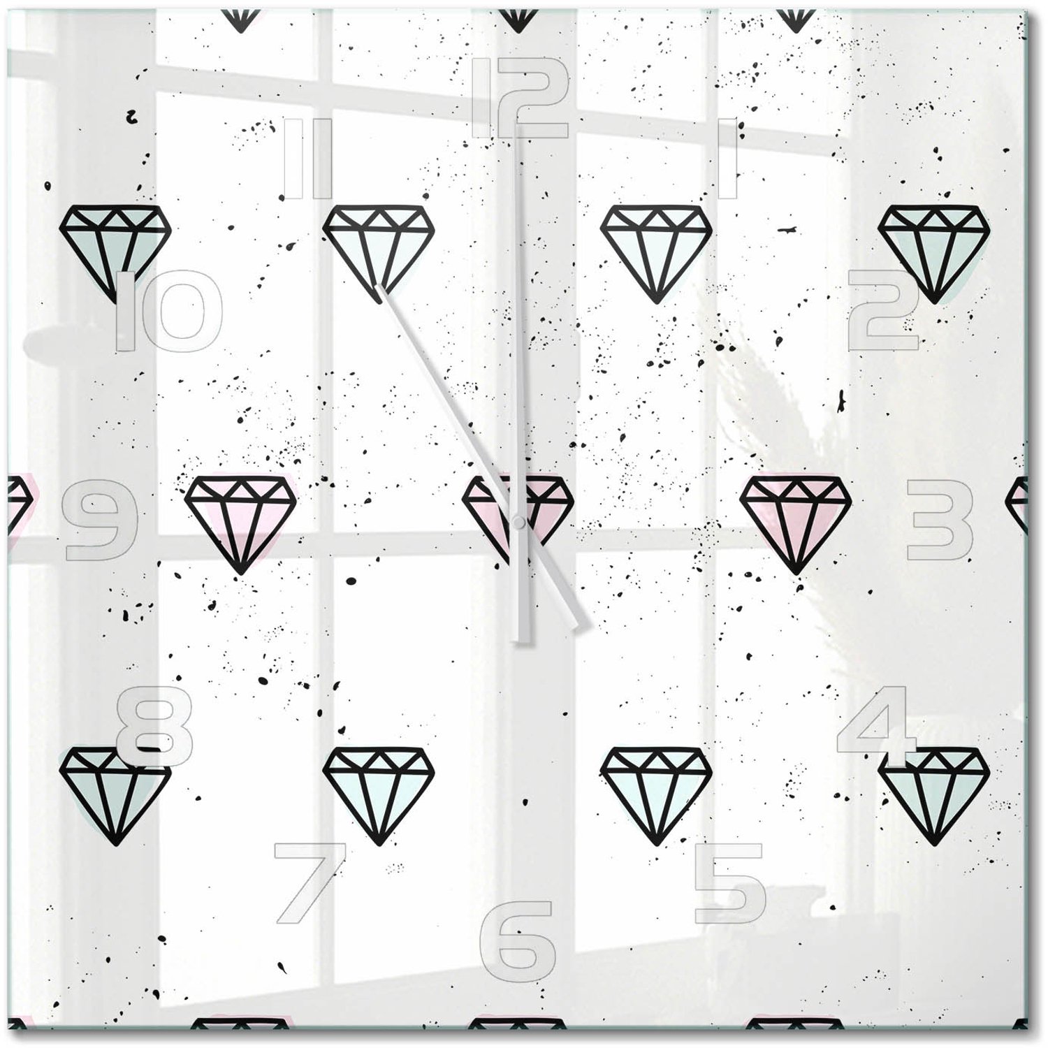 TULUP Wandklok - Diamanten Wandklok Glas Met Motief - 60x60 cm - Veelkleurig Decoratieve Glazen Klok - Witte handen - Vierkante Klok - Gekleurde Glazen Klok - Glazen Klok Met Print