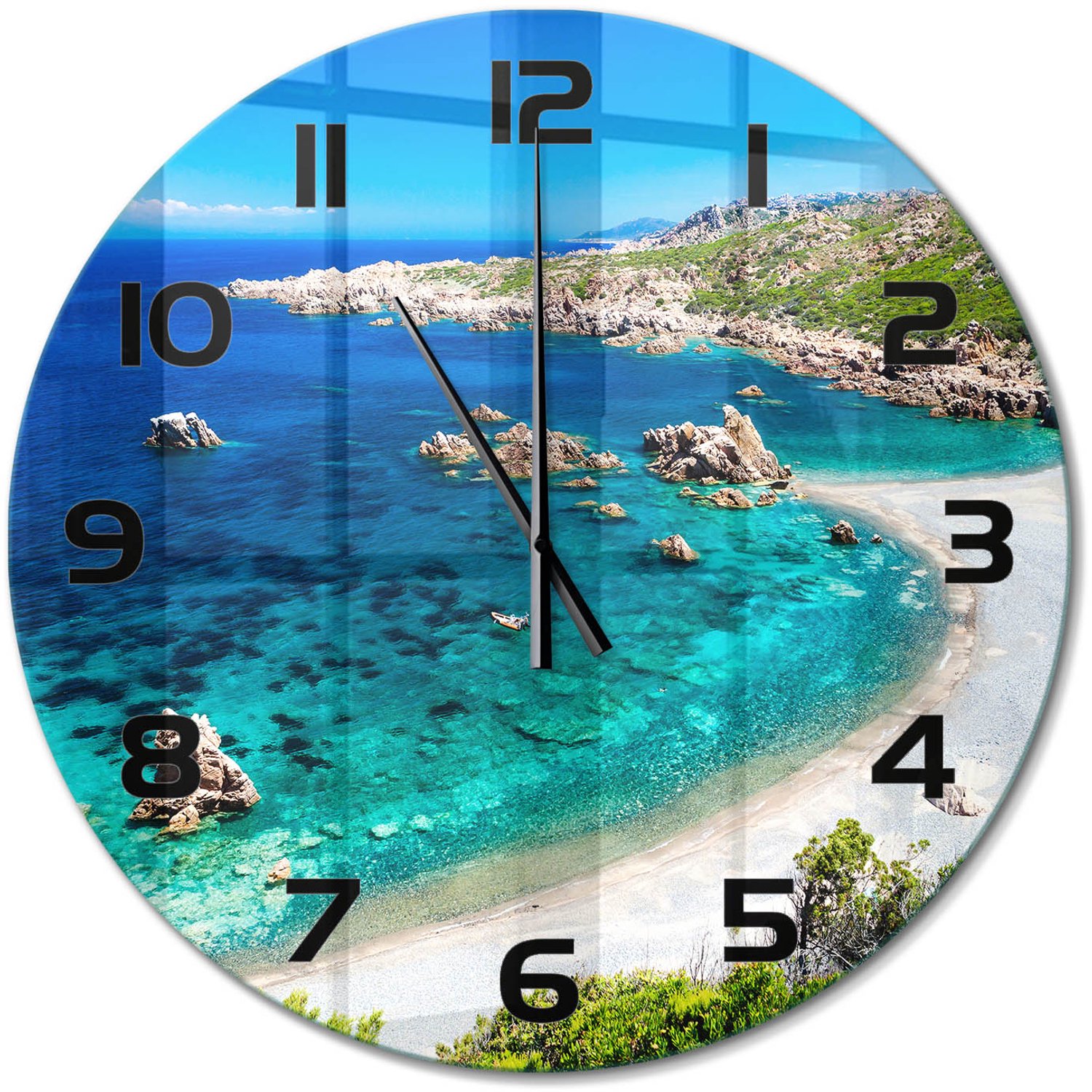 TULUP Wandklok - Baai Klok Glas Met Opdruk - fi60 cm - Blauw Moderne Wandklok Glas - Zwarte handen - Ronde Klok - Decoratieve Glazen Klok - Glazen Wandklok Design