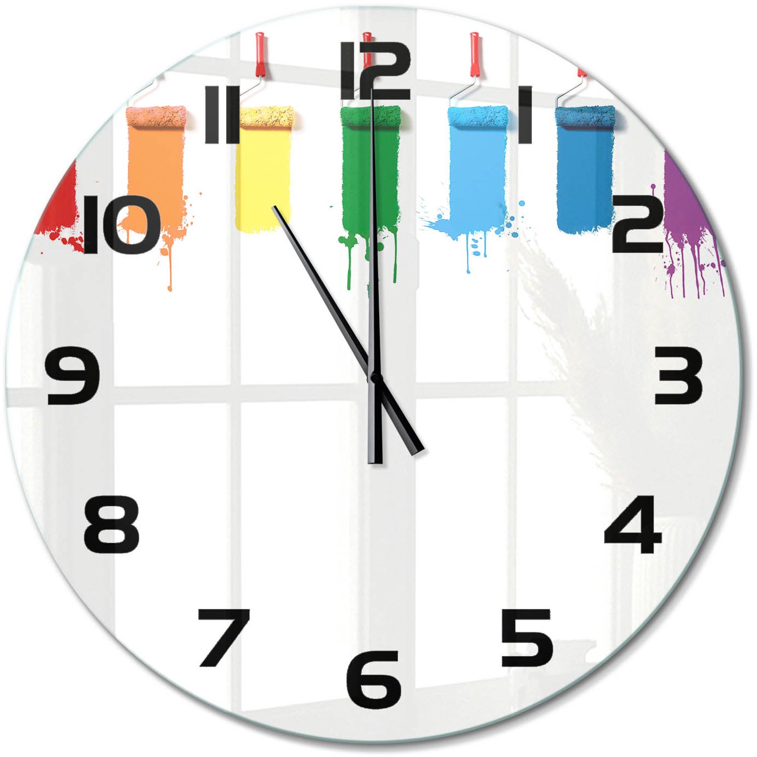 TULUP Wandklok - Verfrollers Wandklok Glas Decoratie - fi60 cm - Veelkleurig Gekleurde Glazen Klok - Zwarte handen - Ronde Klok - Klok Glas Met Opdruk - Moderne Wandklok Glas