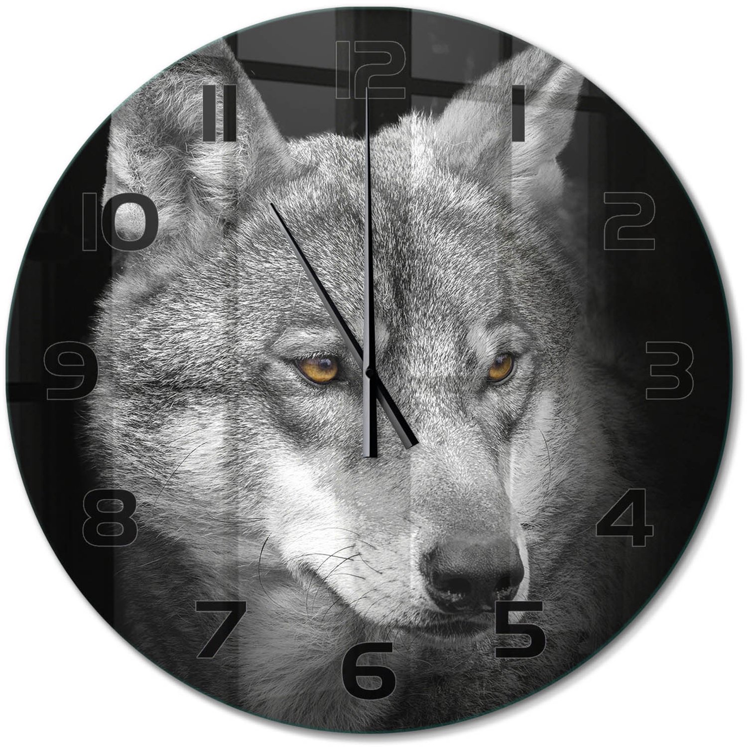 TULUP Wandklok - Wolf Klok Glas Met Opdruk - fi60 cm - Grijs Moderne Wandklok Glas - Zwarte handen - Ronde Klok - Decoratieve Glazen Klok - Glazen Wandklok Design