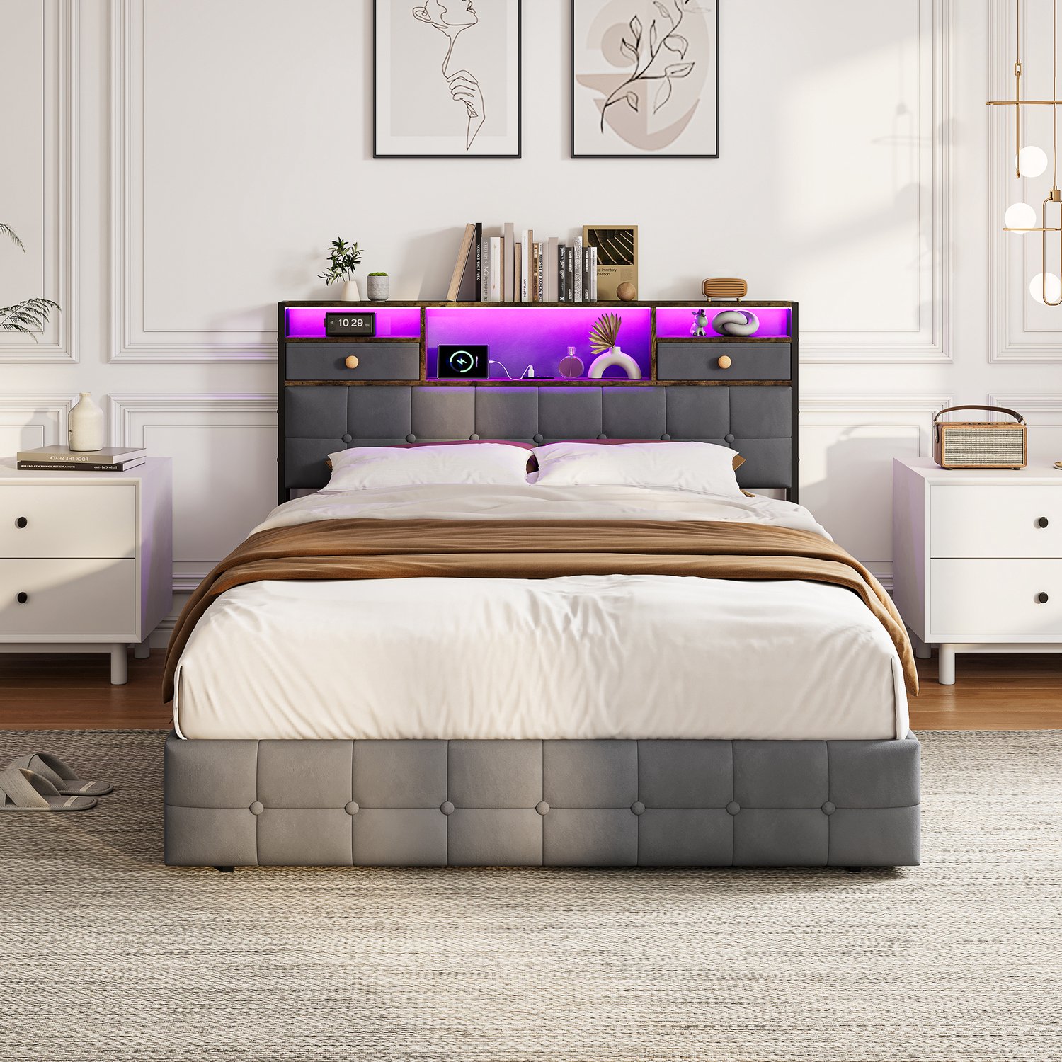 Yelenaro Gestoffeerd bed 140x200 cm met LED en USB, Opbergbed met Hoofdeinde met 2 Lades en Open Planken, Jeugdbed met Hydraulisch Opbergkist, Grijs