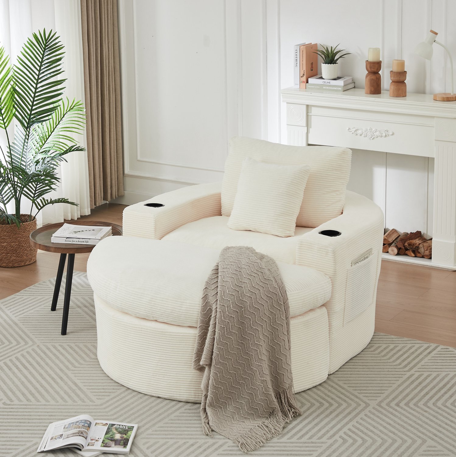 STILVORA Fauteuil - Ronde Relaxfauteuil Met Verplaatsbare Hocker, Bekerhouder En Opbergvakken - Voor Woonkamer - Ribfluweel - Beige