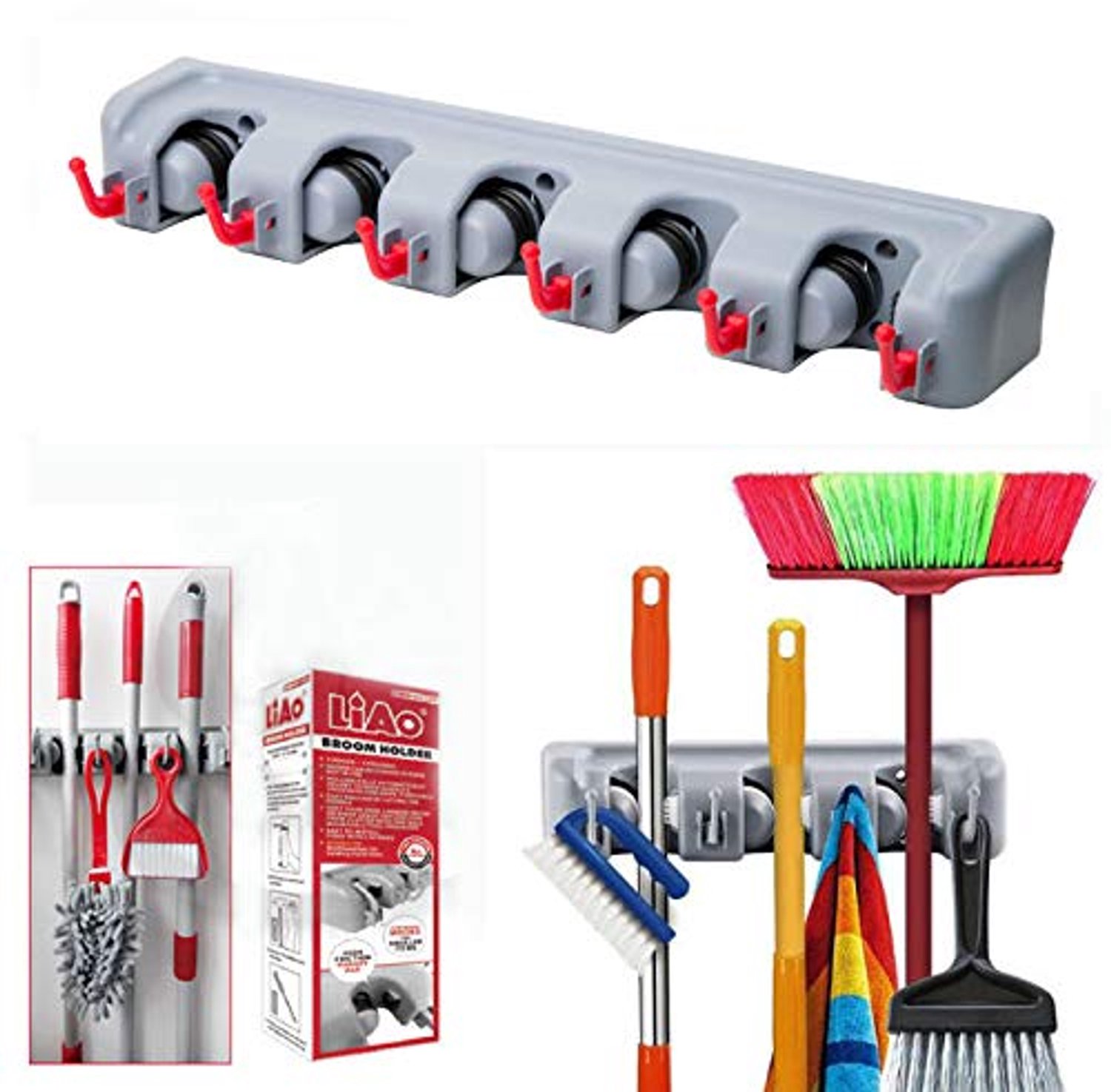 Bezemhouder Multifunctioneel - Wandhouder voor 5 stelen - Tuingereedschap Houder - Ophangsysteem met 6 haken - Bezem Ophangsysteem - Ruimtebesparend - Tuingereedschaphouder