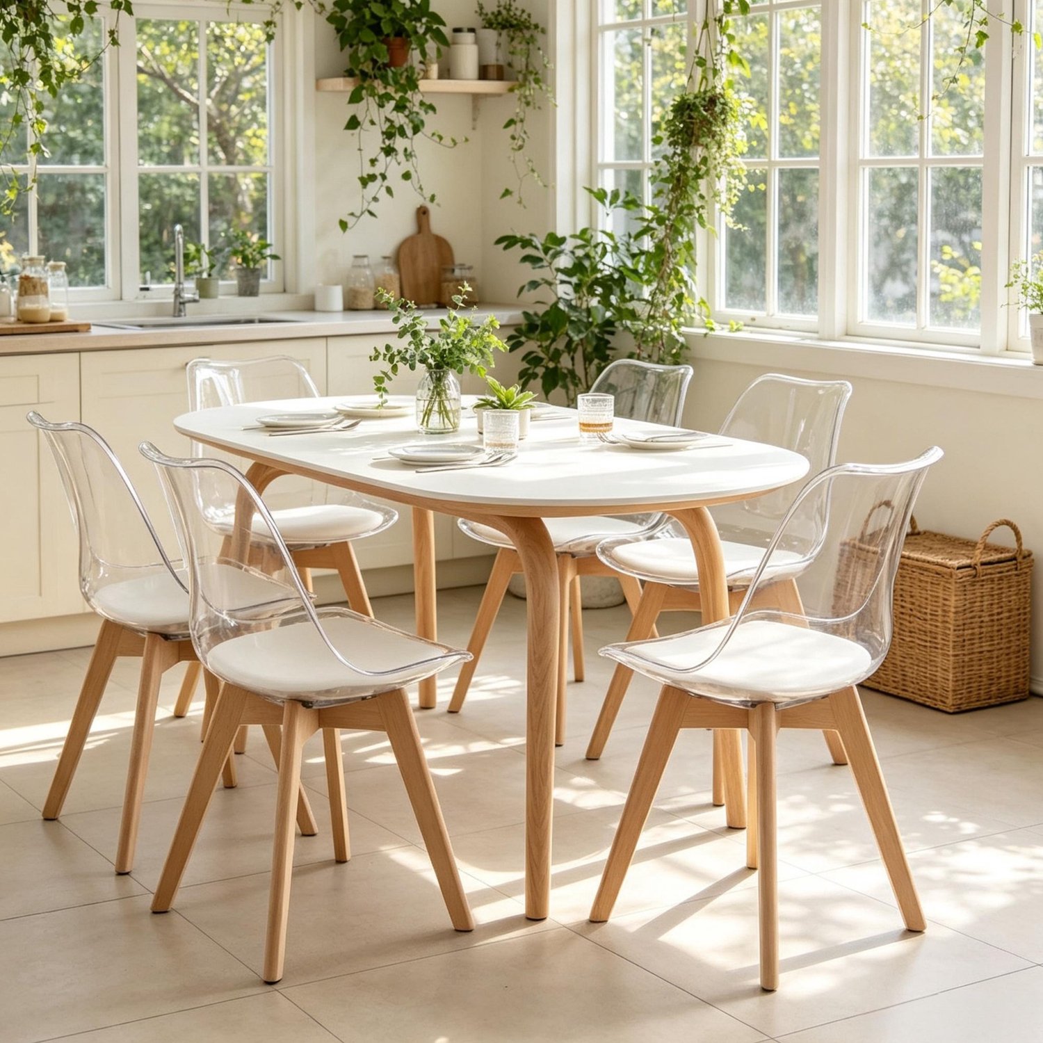 STILVORA Eetkamerstoelen Set van 6 83 Cm – Kuipstoelen met Kunstleren Kussen – Voor Eetkamer, Keuken en Woonkamer – Hout, Kunststof, Wit