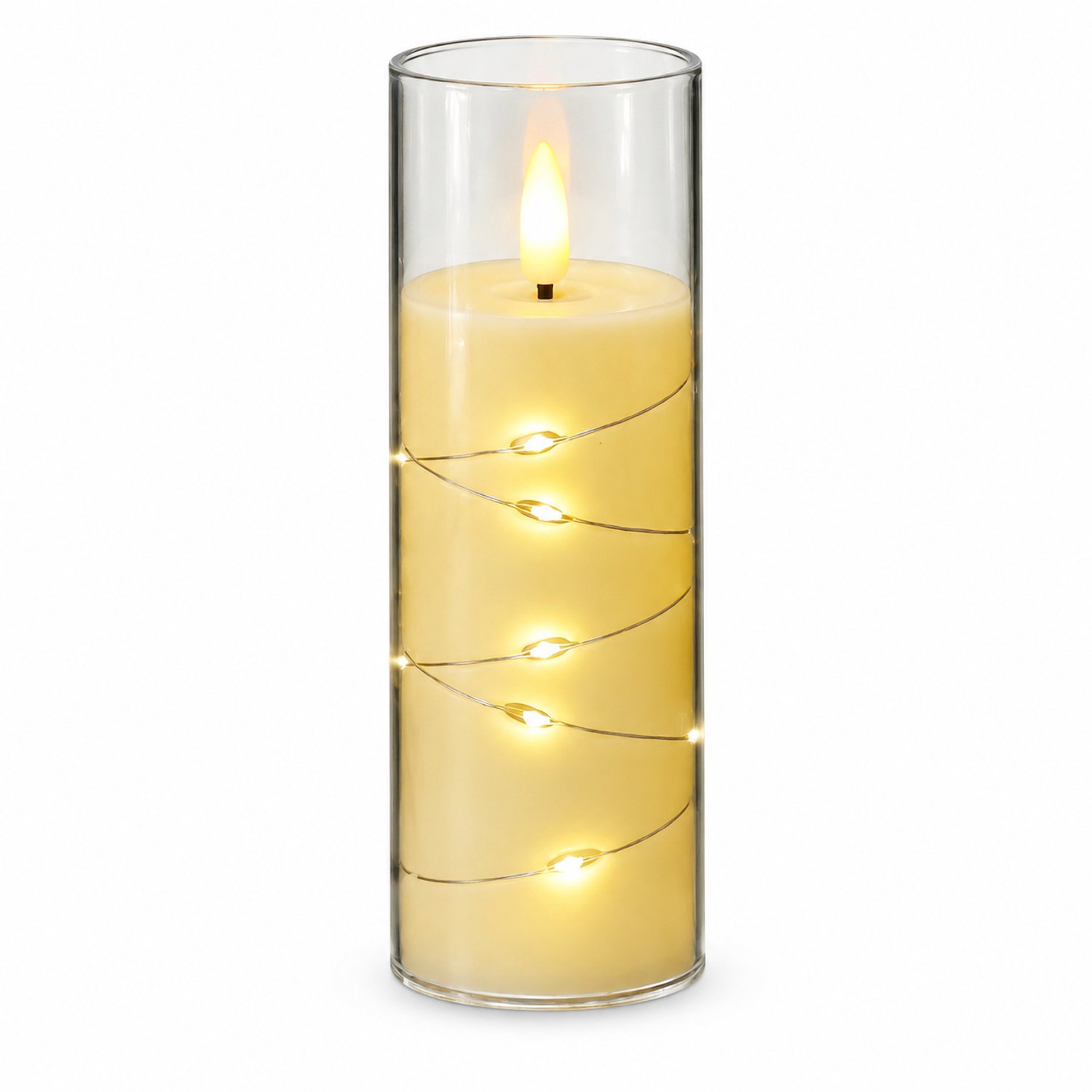 SWGOTA led kaarsen voor tafeldecoratie - 5,5 x 15 cm, vlamvormig licht, lichtsnoer en transparante cilindervormige huls Ivoor