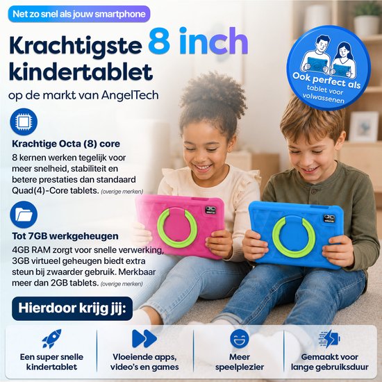Twee kinderen gebruiken roze en blauwe 8 inch kindertablets met groene ringstandaards terwijl ze op de grond zitten.