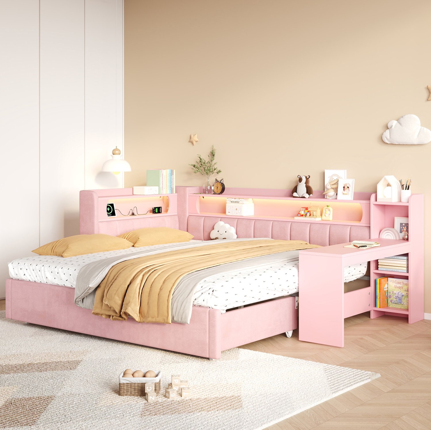 WUVRIE Bedbank 90x200 cm - Uitschuifbaar tot 180x200 cm met bureau, USB en LED-verlichting - Roze