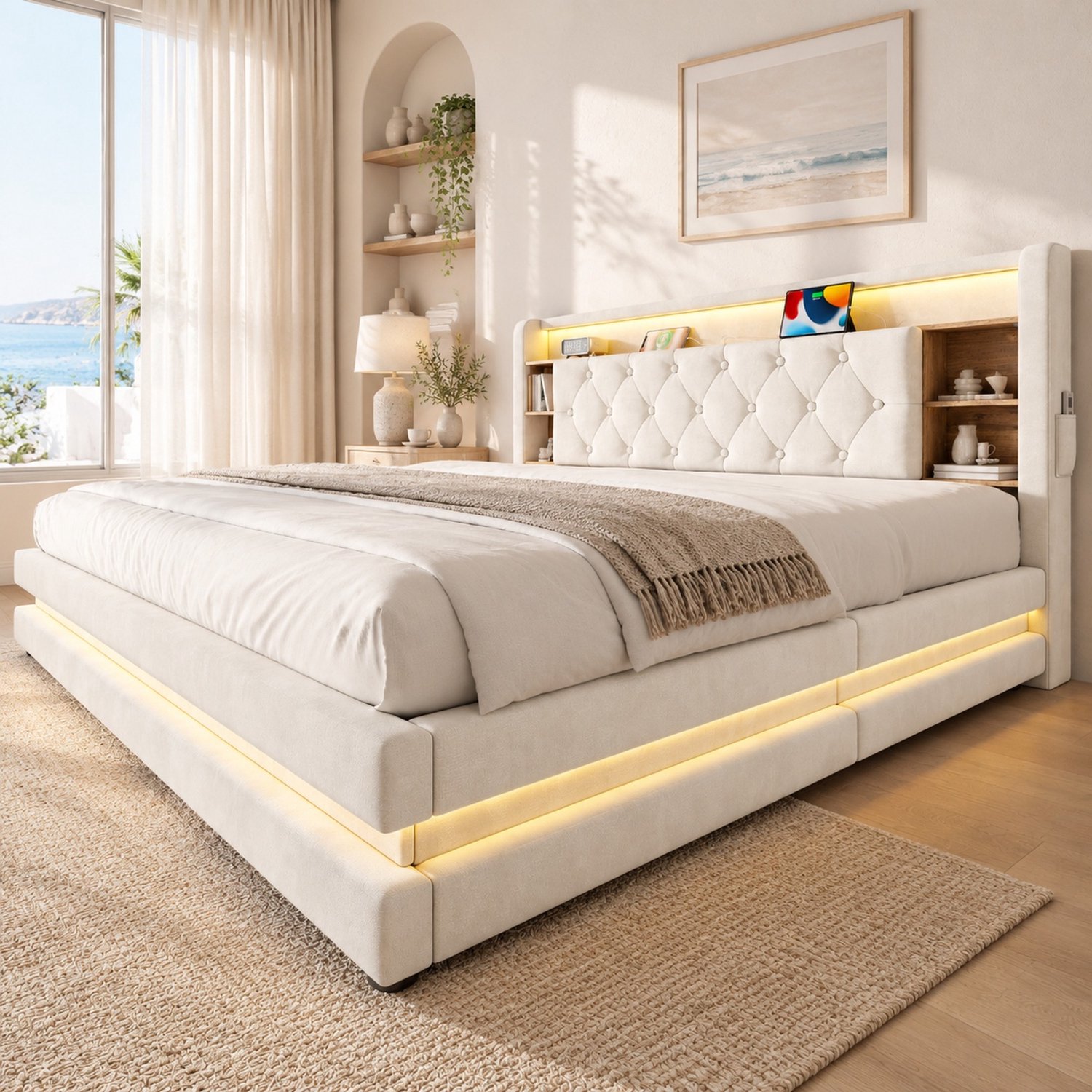 WUVRIE Opbergbed 180x200 cm - LED, USB en hydraulische bedbodem - Beige