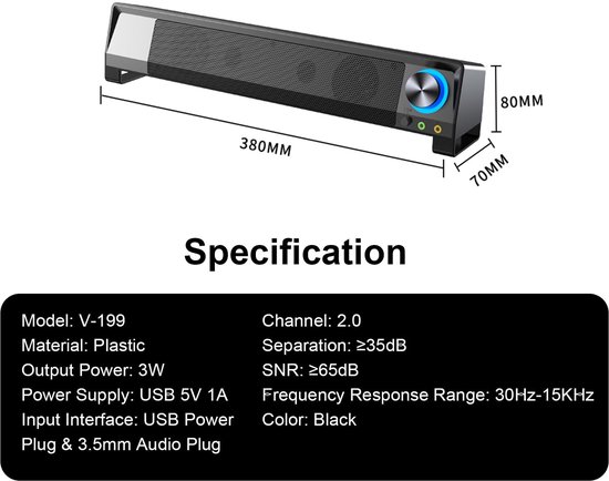 RGB desktop-Soundbar, draagbare pc-luidspreker, bassurround computerboxen, USB-bediening, 3,5 mm audio-ingang voor pc, laptop, smartphone, tablet, tv, MP3, MP4 — afbeelding 5