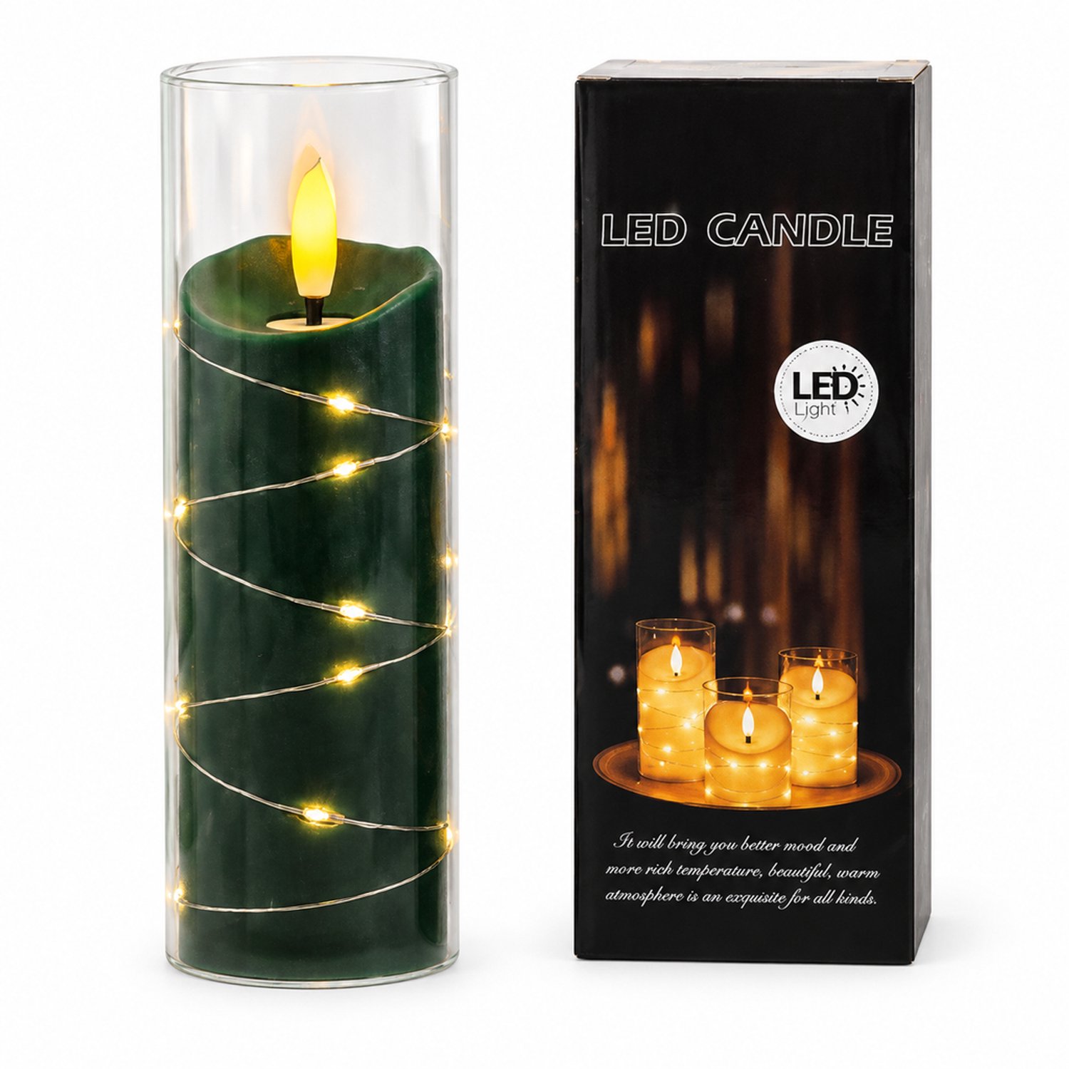 led kaarsen - 1 groene kaars met lichtdraad, 5,5 x 15 cm, inclusief batterijen en doos