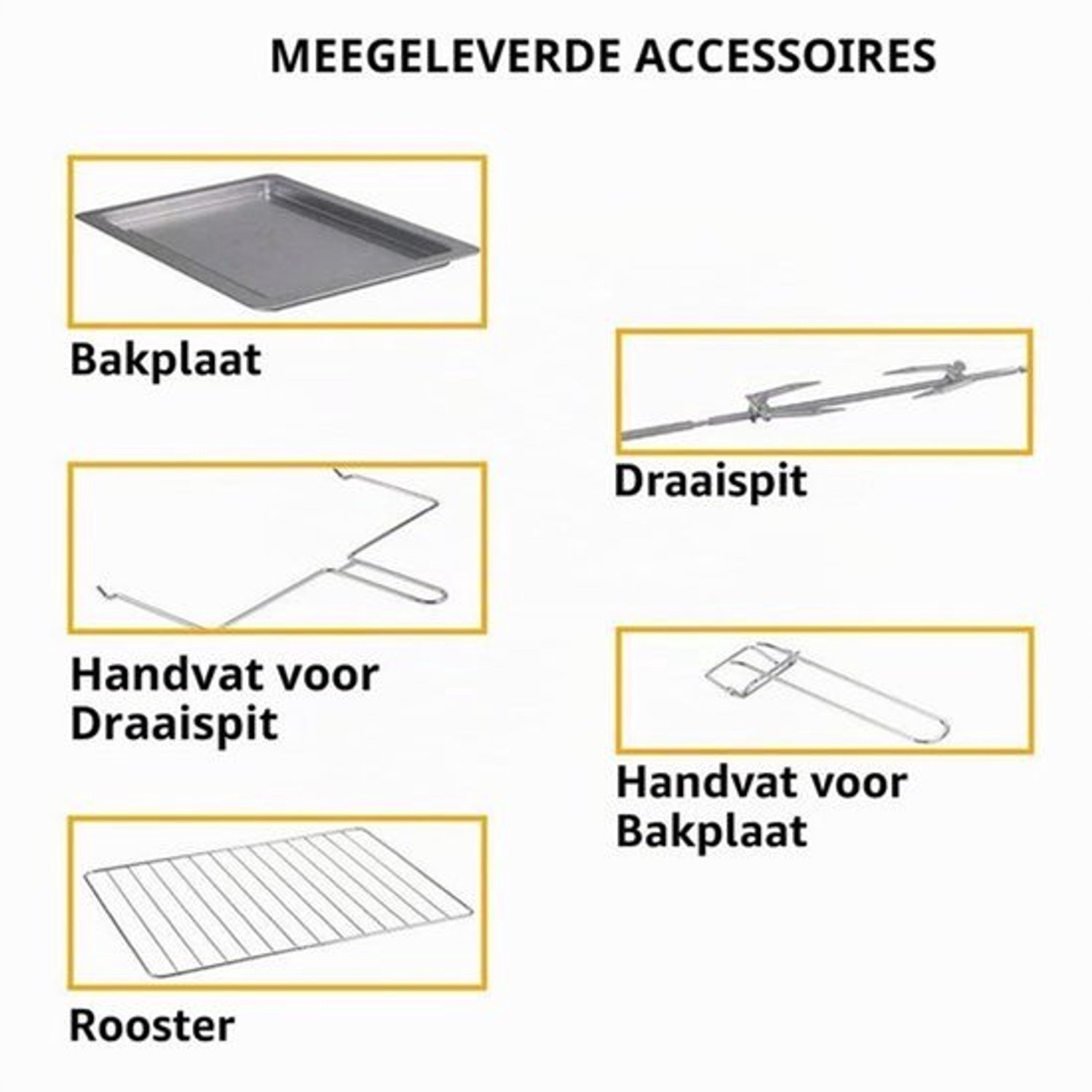 Elektrische oven met circulatielucht, 55 l, vermogen 2200 W, met dubbele binnendeur, 4 kookstanden, instelbare temperatuur, timer met draaispit en accessoires