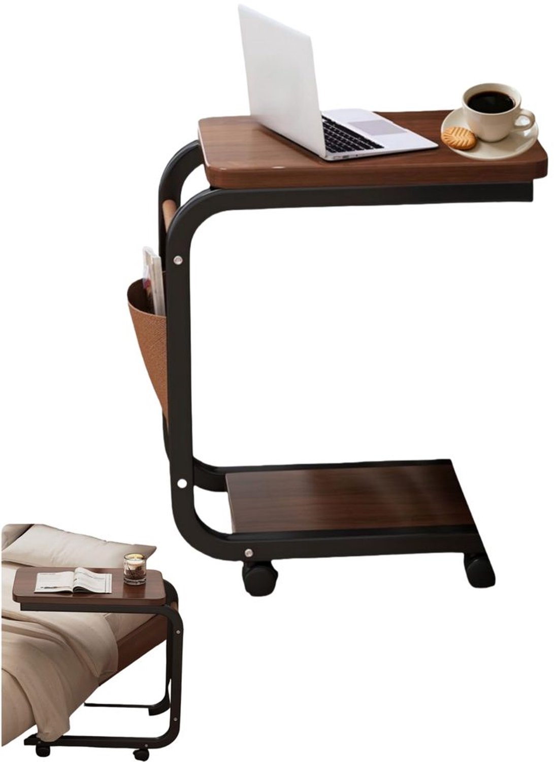 C-vormige Bedside Tafel met 4 Wielen en Opbergruimte