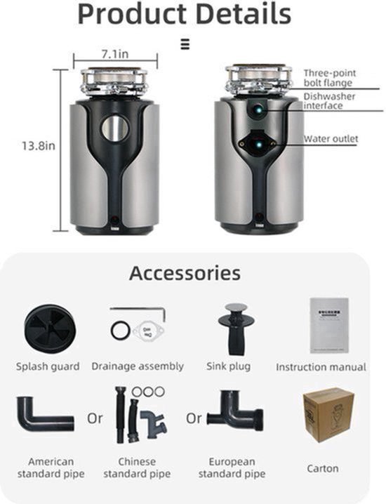Voedselafvalverwijderaar - Air Switch Grijs - 560 W - 1200 ml Maalkamer - RVS - Keukenapparatuur — afbeelding 3