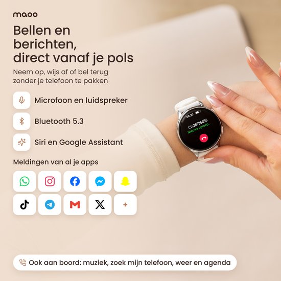 Horloge toont inkomend gesprek op het scherm; de app ondersteunt oproepen, berichten en social media notificaties.