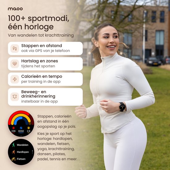 Vrouw met paardenstaart draagt een wit sportshirt en horloge tijdens het hardlopen, met overzicht van 100+ sportmodi.
