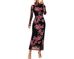 Maxikleid met lange mouwen, mesh en bloemenprint