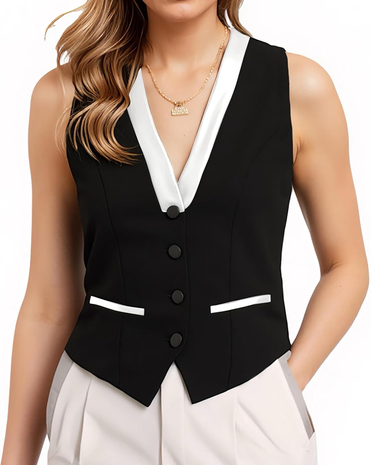 Damesvest, zonder mouwen, knoopsluiting, kort, zwart