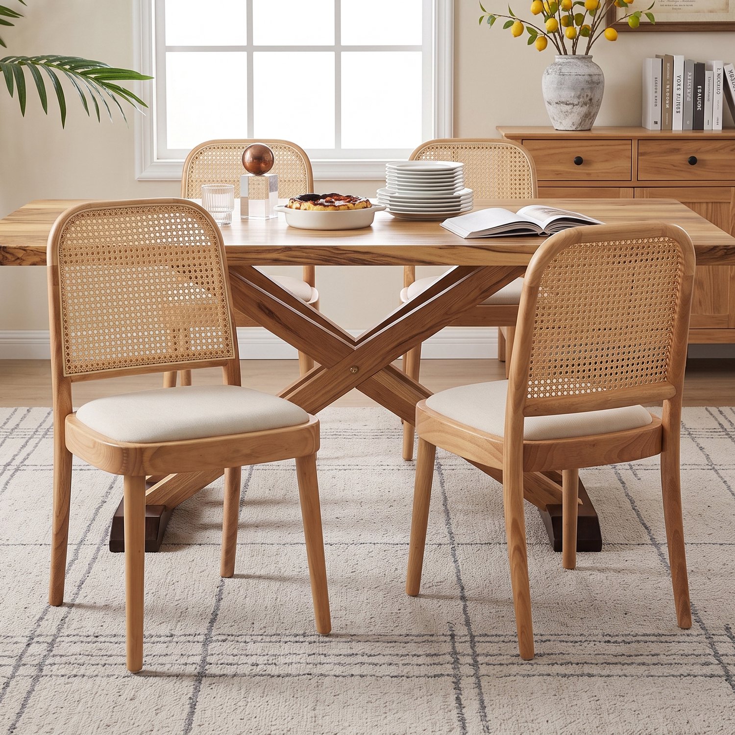 MODFU Eetkamerstoelen Set Van 2 - Rotan Rugleuning - Modern - Hout - Houtkleur