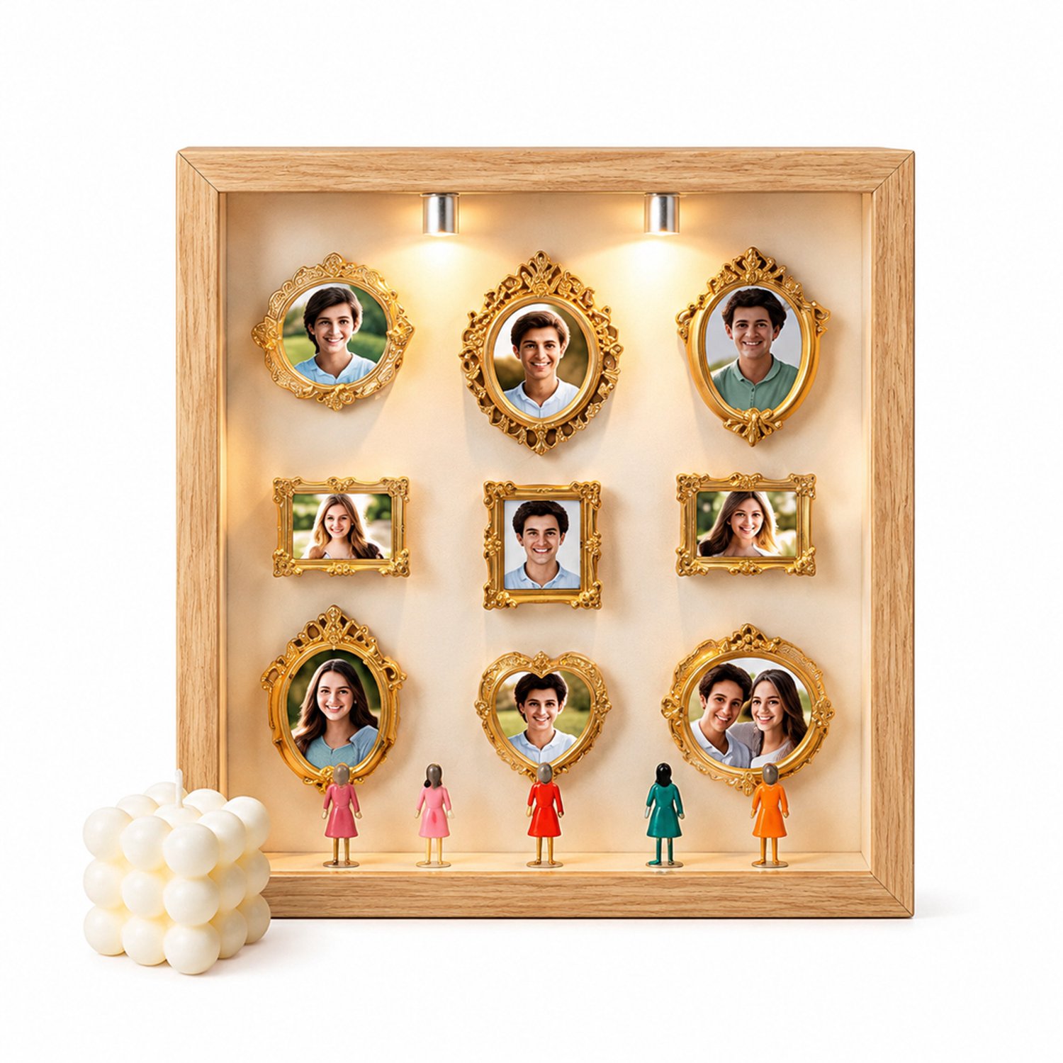 SWGOTA Zwarte vierkante MDF-displaylijst - binnenmaat 20,3 x 20,3 x 3 cm - met 8 miniatuurlijstjes en 8 willekeurige figuurtjes - tafeldecoratie