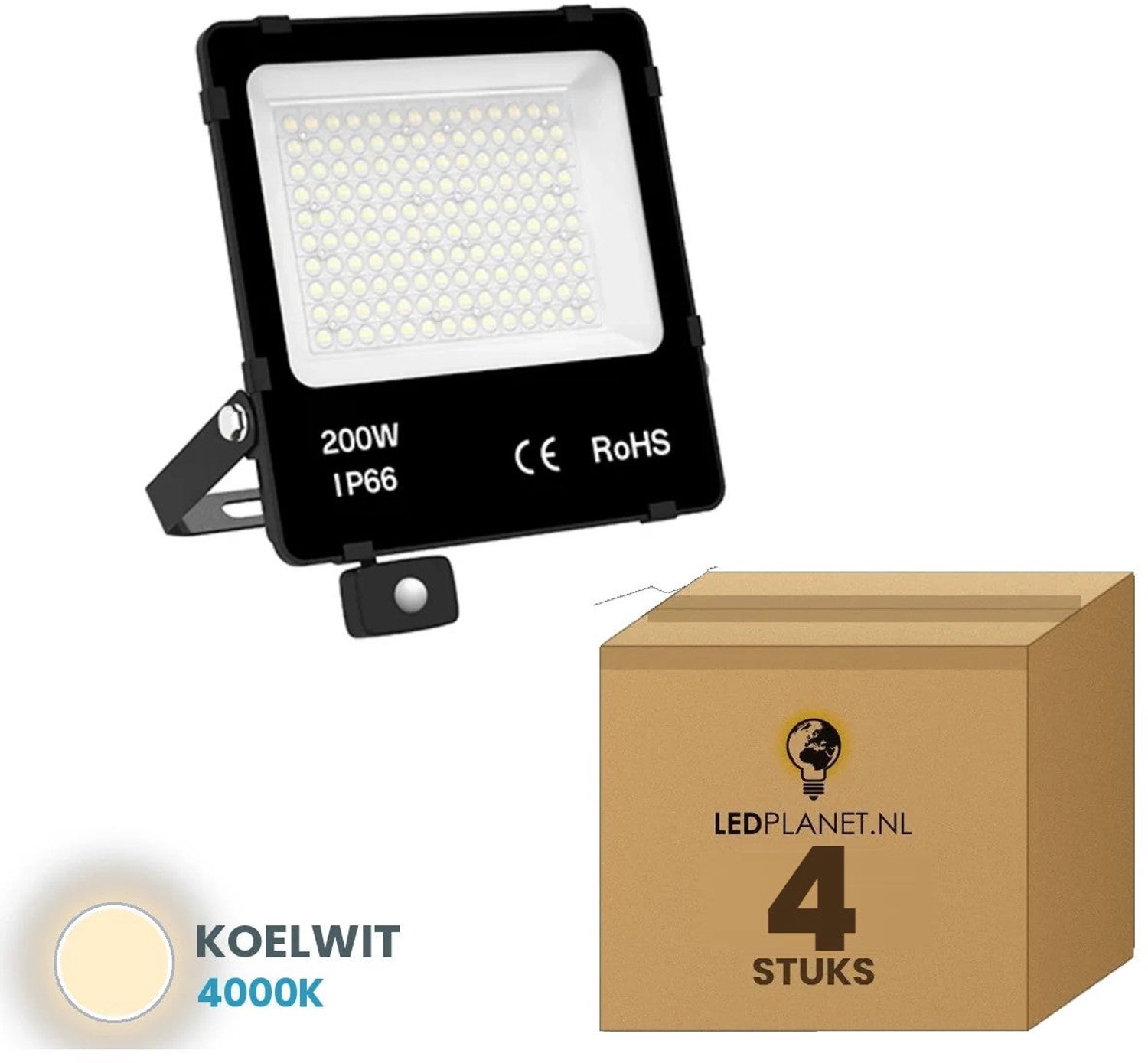 Tsong LED schijnwerper 200W - 4 stuks - Koelwit 4000K - 30.000 lm - 150 lm/W - 90° - bewegingssensor - IP66