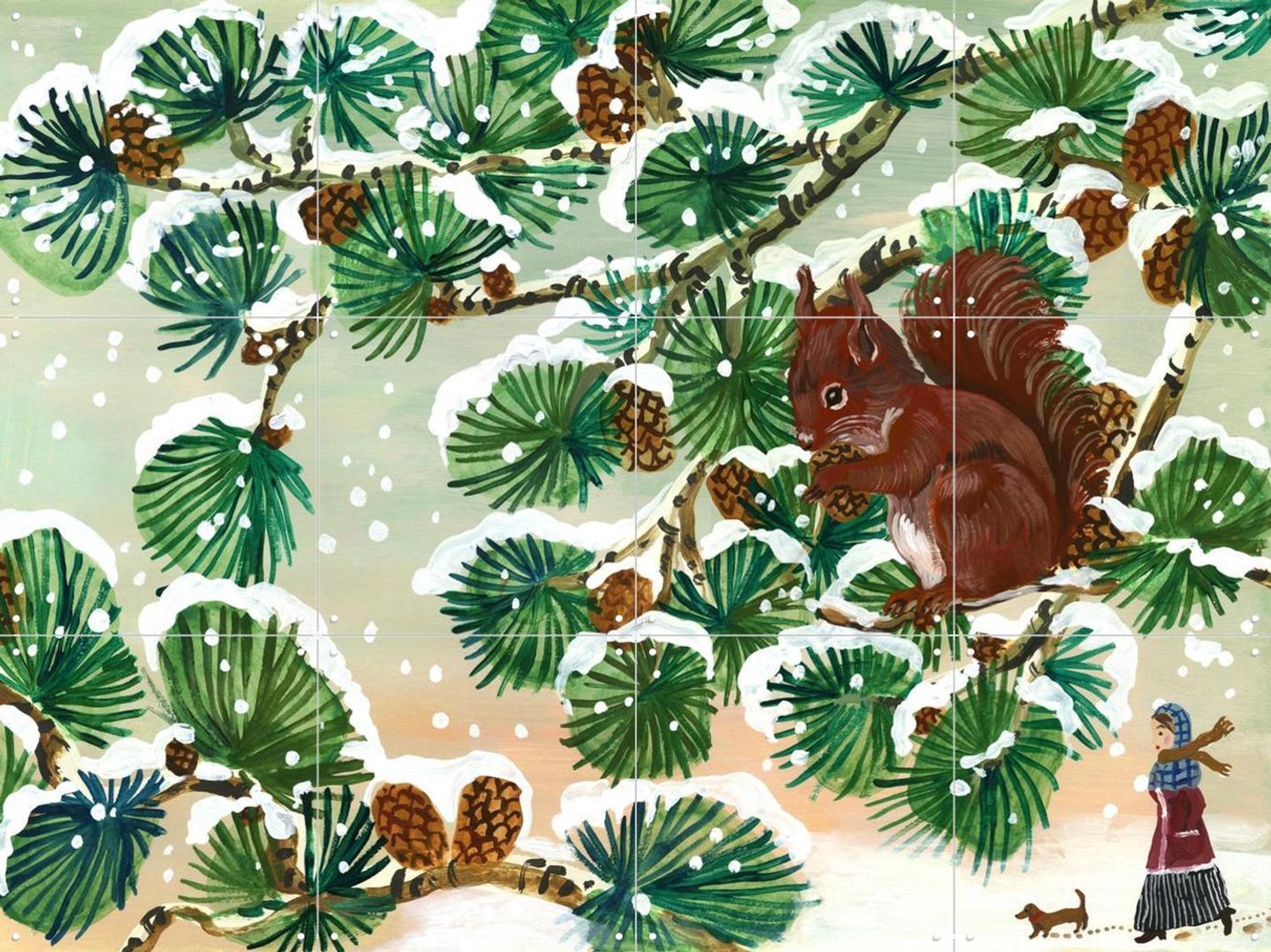 IXXI Promenade En Hiver, Nathalie Lété - 80 x 60 cm - Grote wanddecoratie en posters - Illustraties, Woonkamer, Winter, Sneeuw Groen
