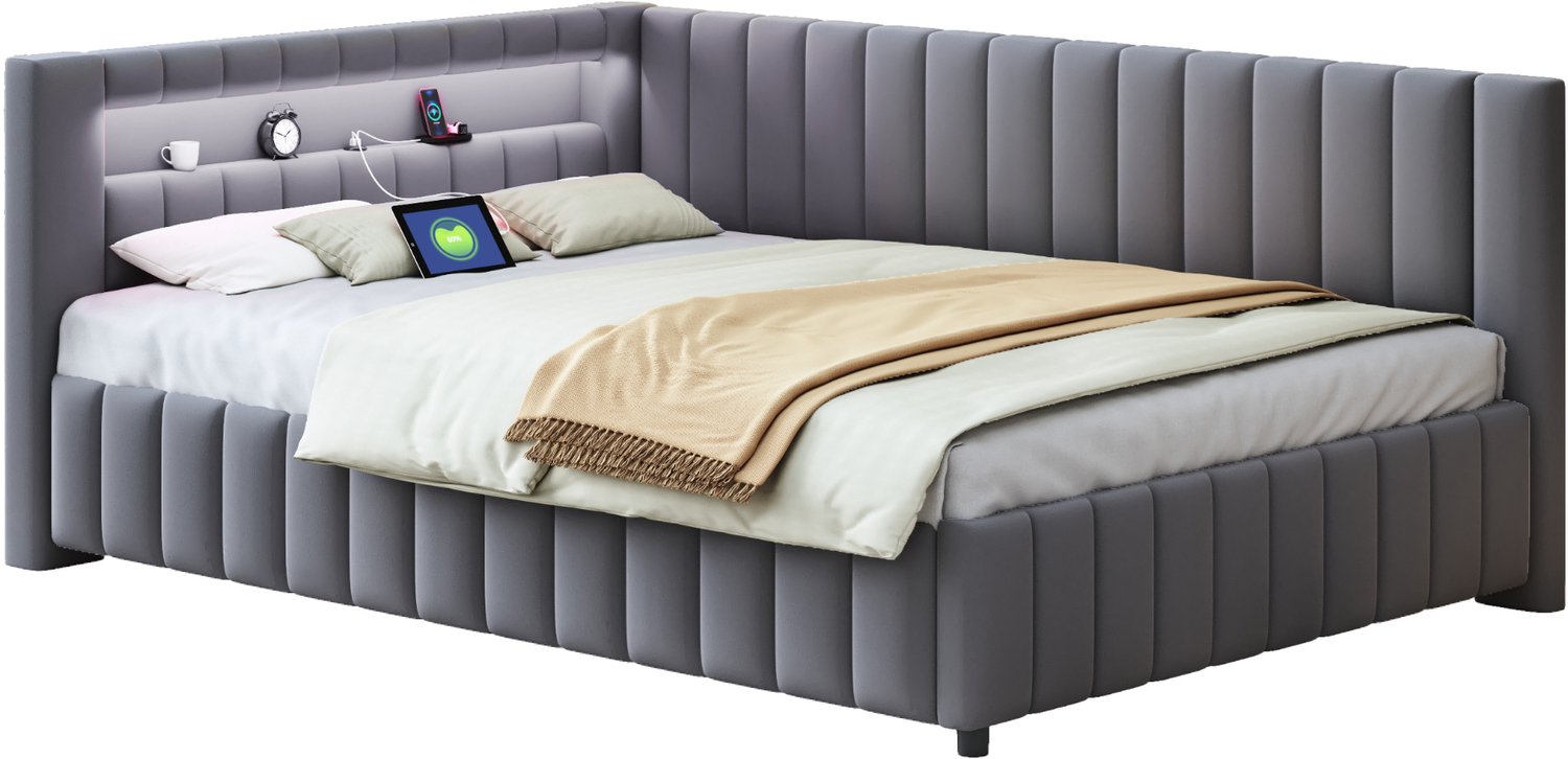 MUVANO Slaapbank 140 x 200 cm - l-vormige slaapbank met ledverlichting en USB-aansluiting - fluwelen bekleding, lattenbodem, hoofdbord en rugleuning, grijs