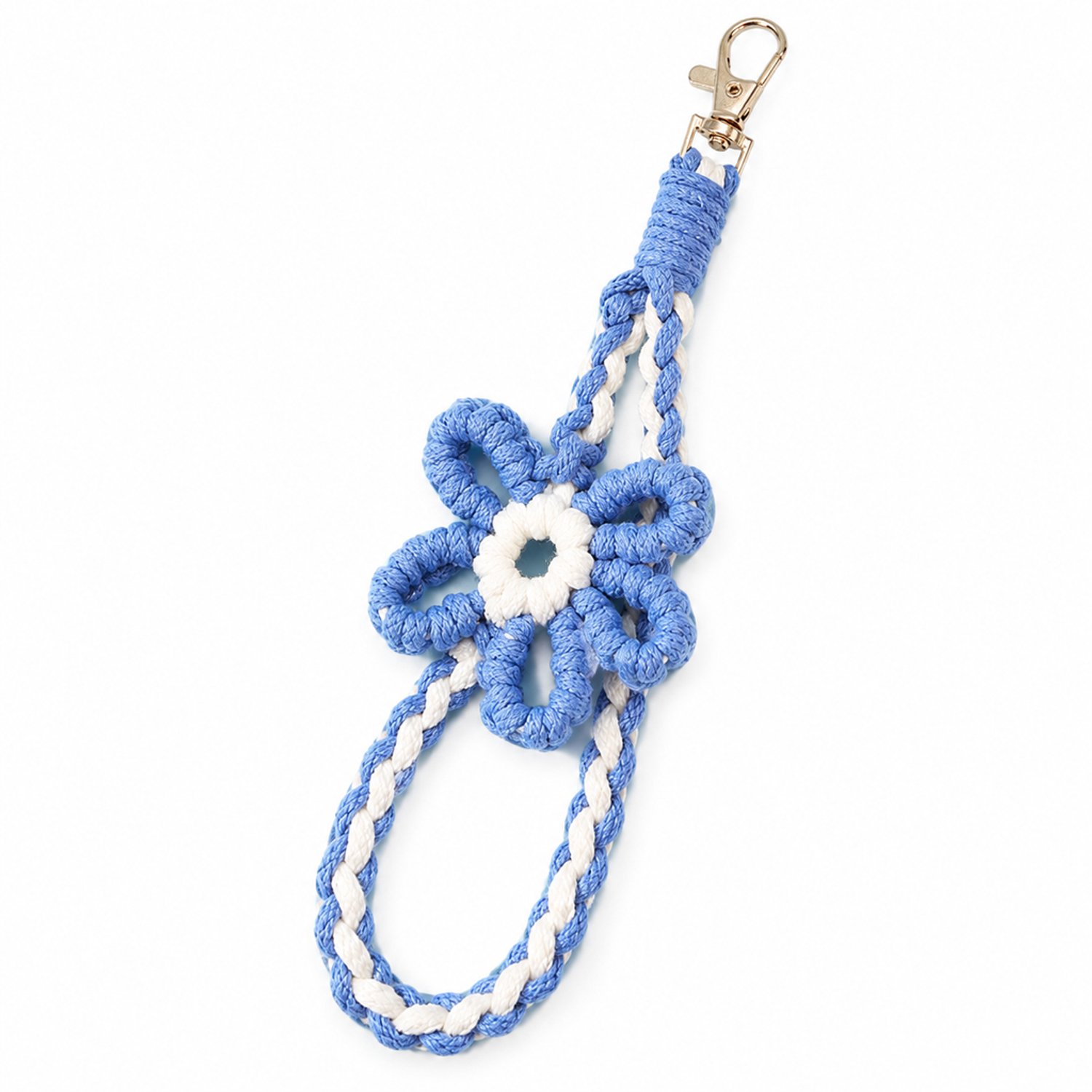 Telefoonkoord met handgemaakte bloem en polslus - blauw - metalen karabijnhaak - 20 x 6 cm