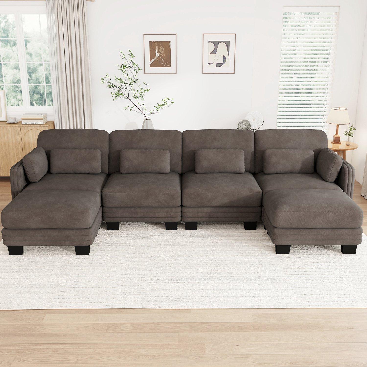MIVRAY U-Bank 330 x 143 x 88 cm - Modulaire Vierpersoonsbank met Twee Voetenbankjes en Verplaatsbare Kussens - Voor Woonkamer - Chenille - Bruin Grijs