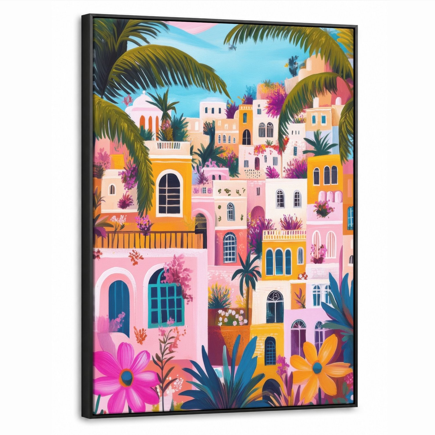 Canvas Schilderij met Baklijst 70x100cm - Kleurrijk - Roze - Oranje - Geel - Bloemen - Muurdecoratie woonkamer - Slaapkamer decoratie - Kamer accessoires - Schilderijen op canvas met lijst