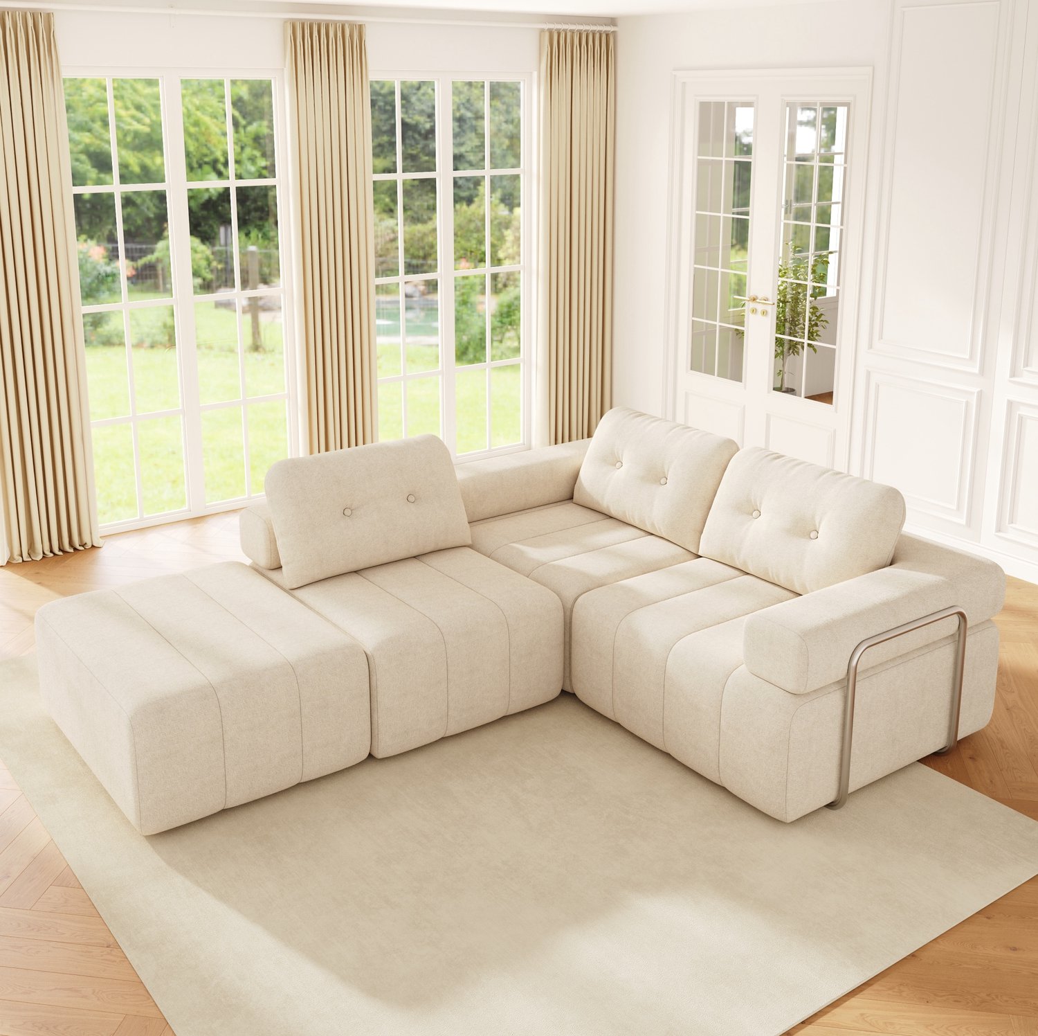 MODENUIT Hoekbank 258 x 165 x 79 cm - Modulair met Slaapfunctie en Hocker - Woonkamer - Chenille - Beige