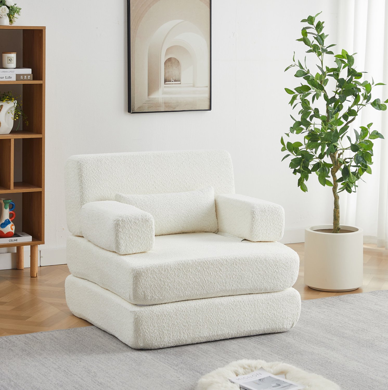 STILVORA Slaapbank 90 x 90 x 80 cm - Modulaire 1-Zits Met Slaapfunctie - Zonder Gereedschap Om Te Vormen - Voor Woonkamer En Kantoor - Chenille - Beige Crème