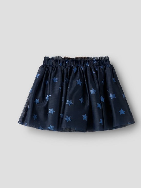Donkerblauwe tule rok met een patroon van glinsterende blauwe sterren en een elastische tailleband.