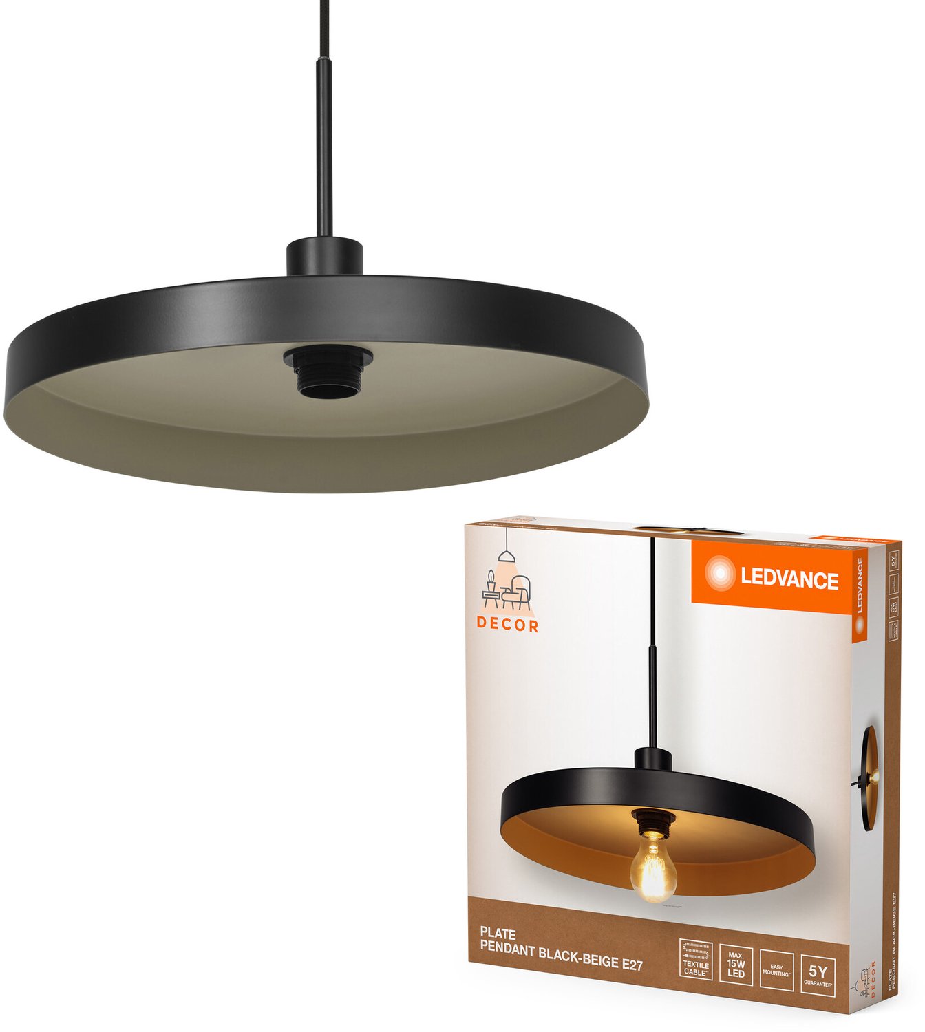 LEDVANCE Decor Plate Pendant E27 Beige Zwart