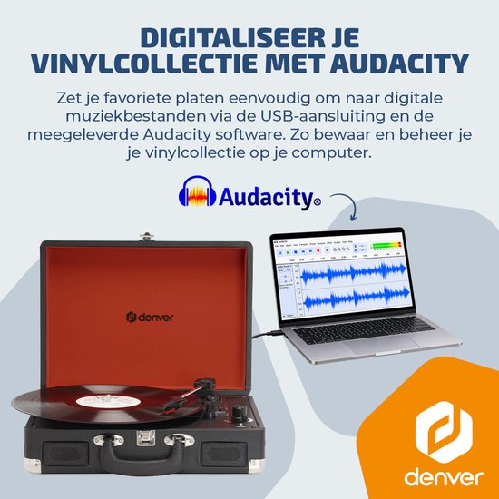 Denver platenspeler aangesloten op een laptop met Audacity software voor het digitaliseren van vinyl.